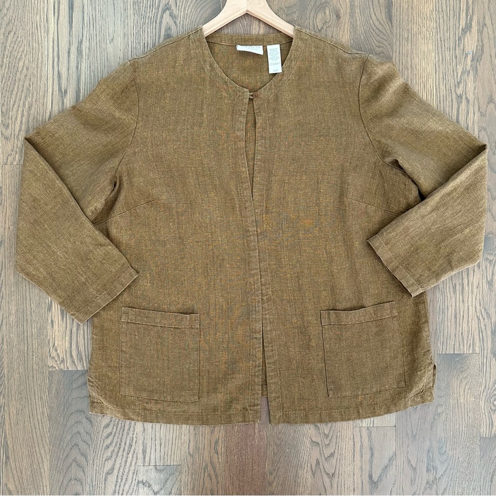 Vintage Elizabeth 100% Linen Chore Coat Jacket in Rust Brown Petite Medium